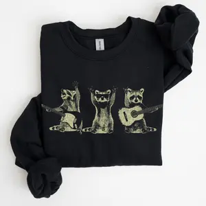 Raccoon Band, Playing Guitar, Funny Animals Sweatshirt, Crew Neck, Crewneck, Soft Unisex Graphic Casual