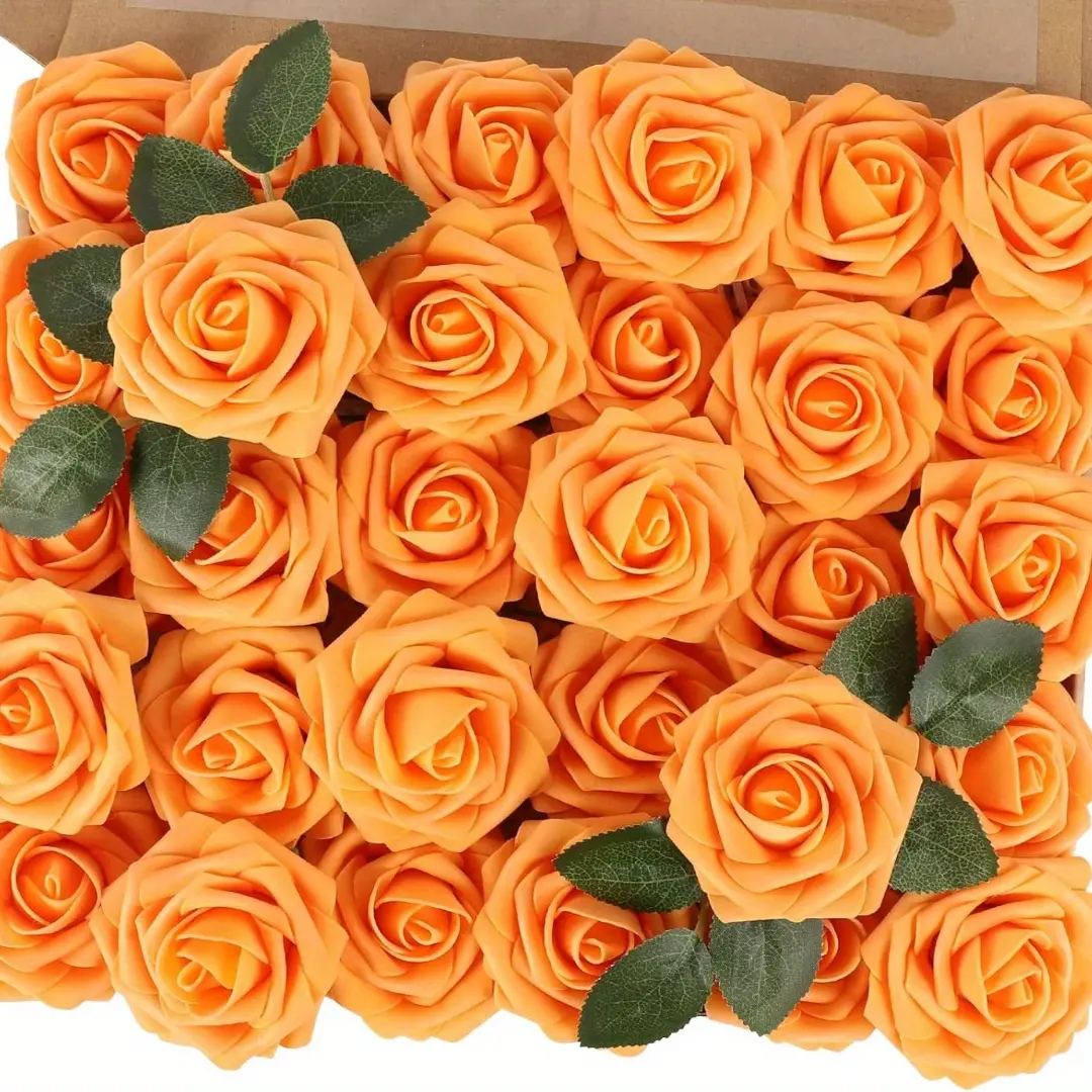 50PCS Orange Real-Touch Foam Rose Decorative Flowers with Stem, 50pcs orange rose for Wedding Bouquets Table Centerpieces, Gift for Home Thanksgiving Autumn Decorations