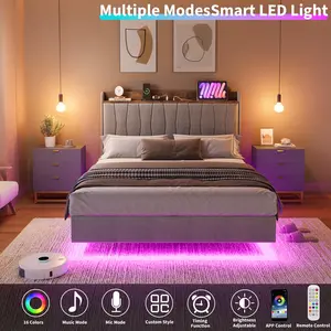 Full Size Bed Frame with Storage Headboard, LED Lights and Charging Ports, Upholstered Floating Platform Bed Frame with Sturdy Wood Slats, No Box Spring Needed, Easy Assembly, Beige