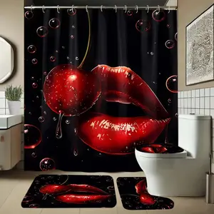 1/4 piece shower curtain set with red lip pattern including shower curtain and carpet, suitable for bathroom or shower decoration, equipped with hooks, anti slip shower mats, U-shaped toilet seat cushion, Bathroom Decoration Accessories