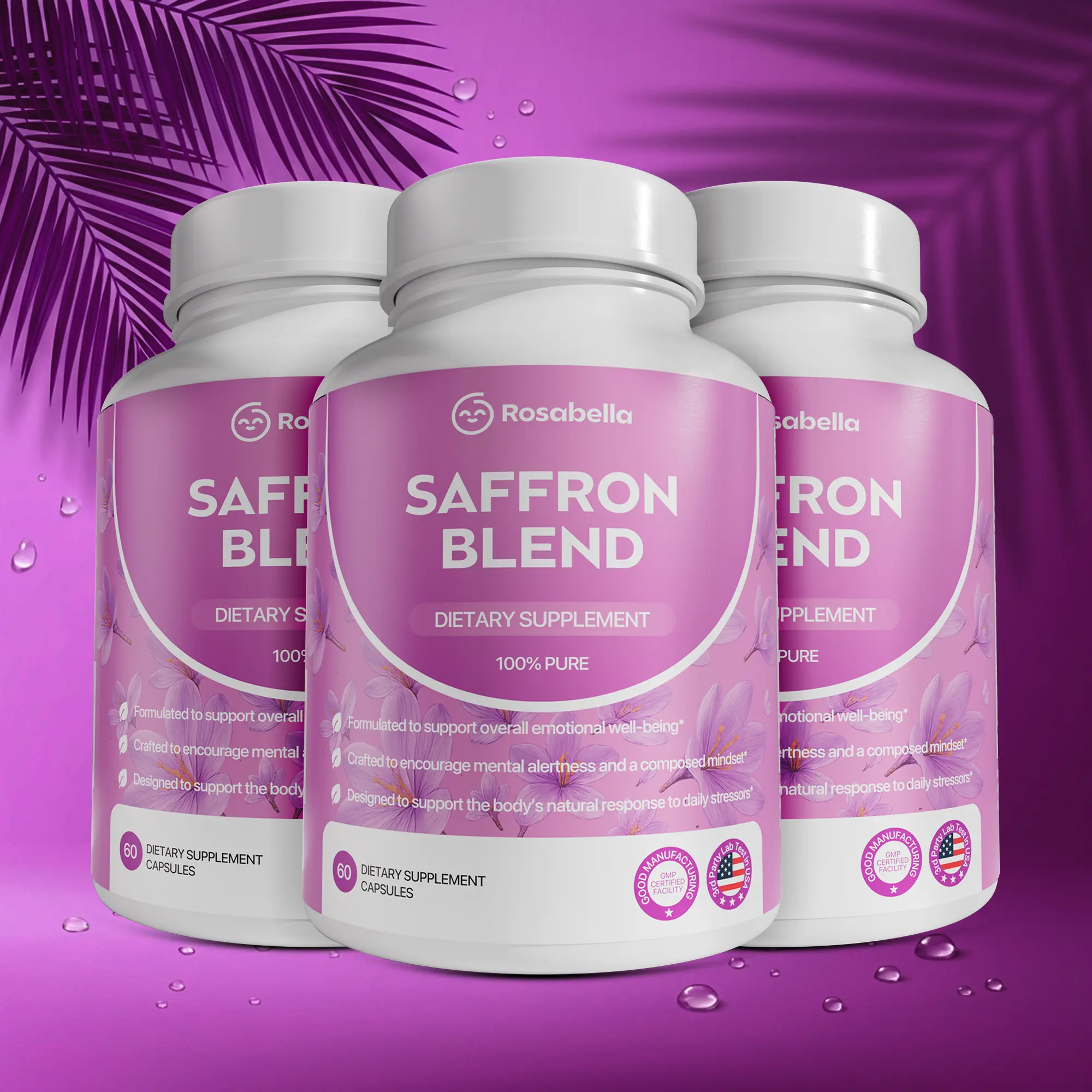 Rosabella 3-Pack Saffron Blend - For Positive Mood & Stress Support - Vegan Gluten-Free with Gentle Magnesium - $9.99 Each Rosabella 3-Pack Saffron Blend - For Positive Mood & Stress Support - Vegan Gluten-Free with Gentle Magnesium - $9.99 Each