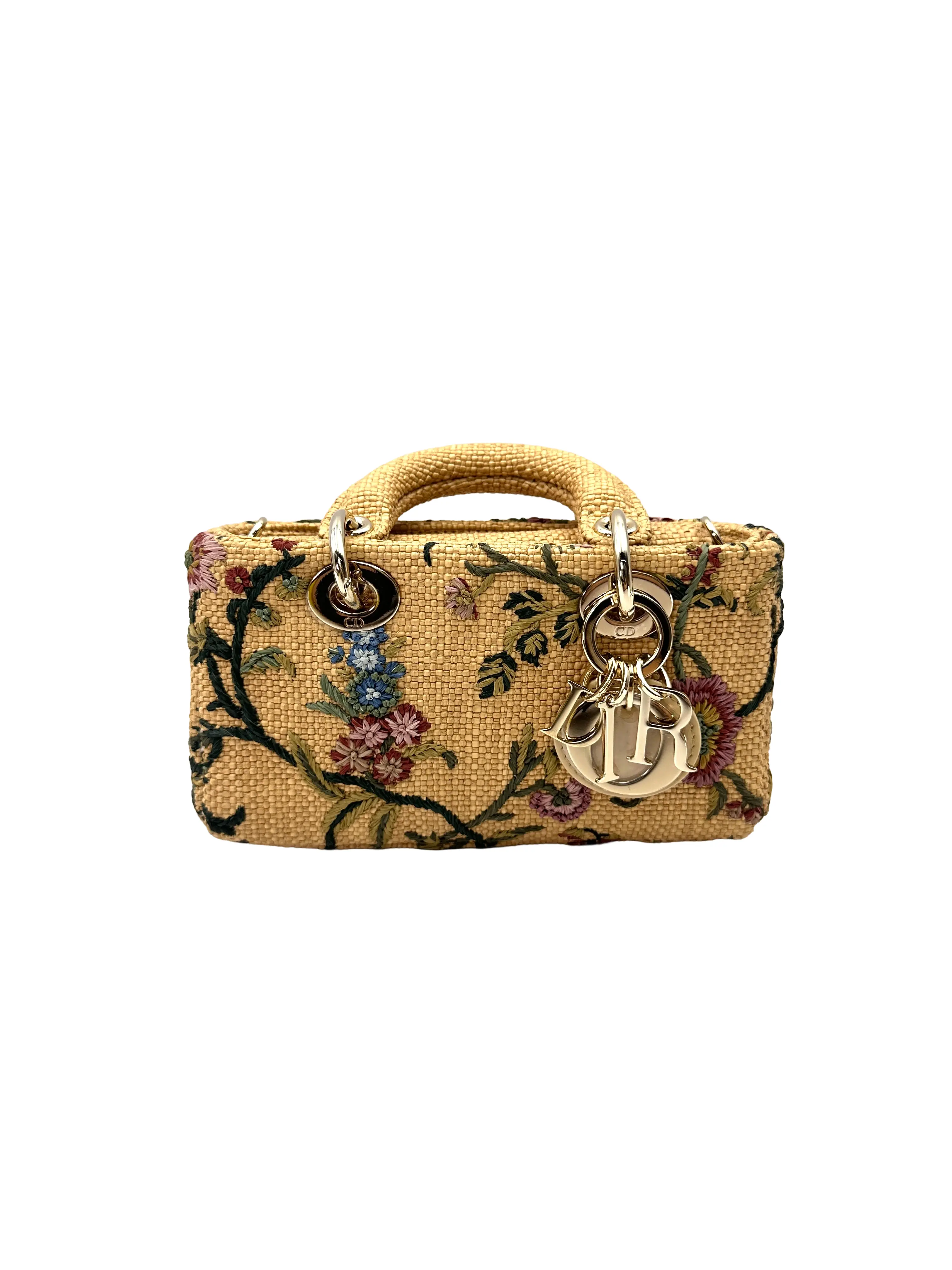 Pre-owned Dior raffia Shoulder Bags Christian Micro D joy Natural Embroidered With Floral Motif Handle BagDR896