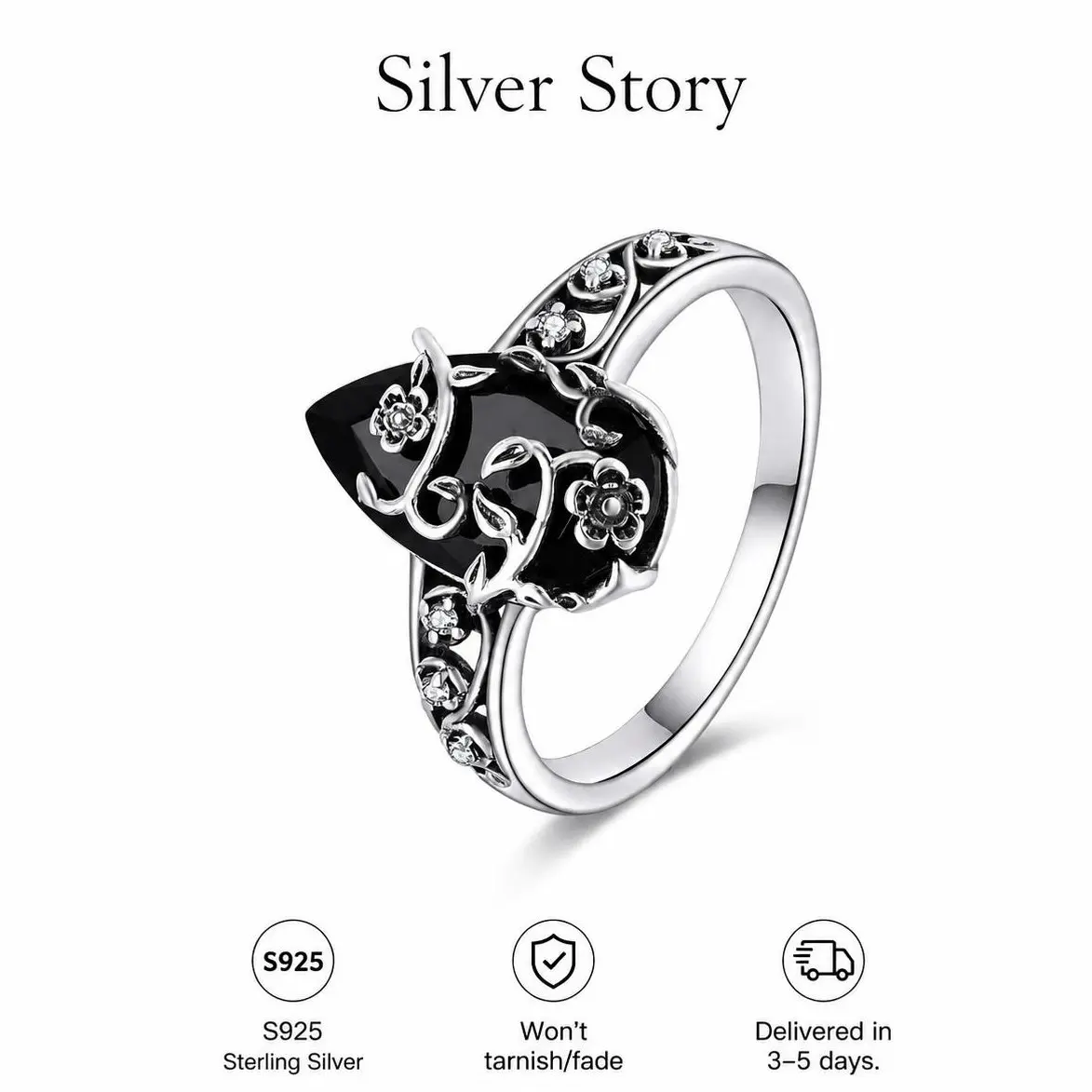 925 Silver Obsidian Ring, Synthetic Black Onyx And Floral Accents. Elegant Vintage Women’s Ring, Spiritual Healing Jewelry With Mystery And Protective Energy, Ideal For Everyday Wear And Perfect As An Anniversary Gift. Filigree Ring