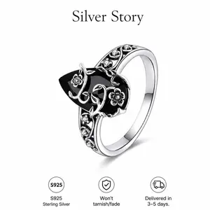 925 Silver Obsidian Ring, Synthetic Black Onyx And Floral Accents. Elegant Vintage Women’s Ring, Spiritual Healing Jewelry With Mystery And Protective Energy, Ideal For Everyday Wear And Perfect As An Anniversary Gift. Filigree Ring