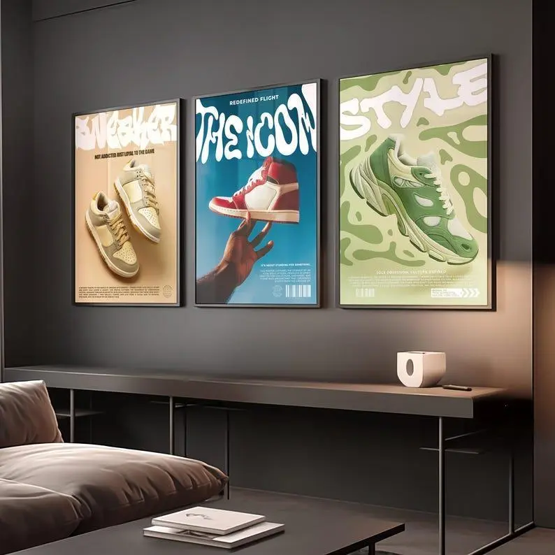 3 Count/Set Sneaker Hypebeast Wall Art Print, Modern Urban Style Prints, Sneakerhead Dorm Room or Studio Decor, Gift for Him wall decor set unframed wall art decor Artwork Hand No Frame