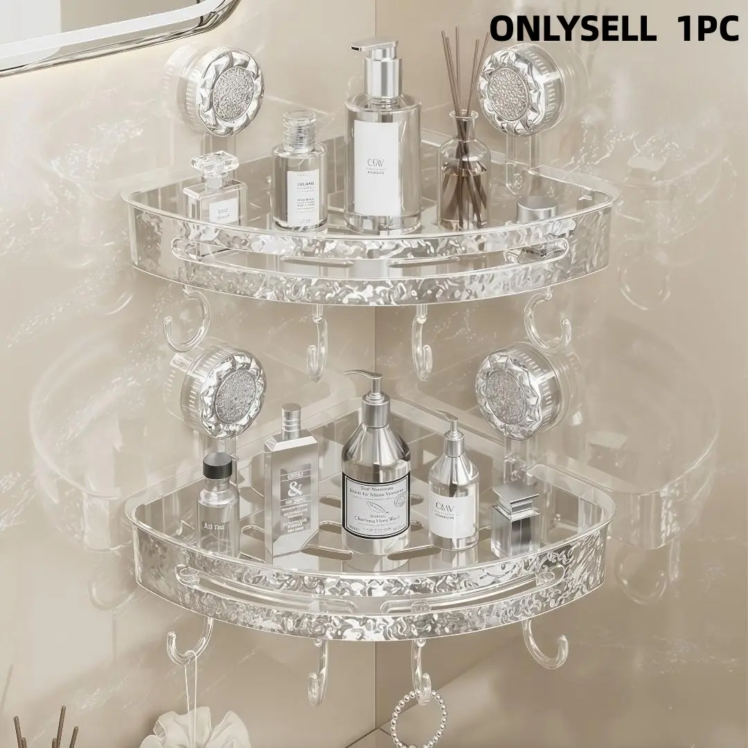 Corner Triangle Shelf with Suction Cup, Light Luxury Style, Easy Installation, Waterproof, Adjustable Hooks, Transparent Multi-Functional Storage, Bathroom Organizers, Modern Bathroom Accessories