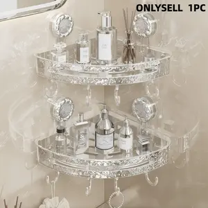 Corner Triangle Shelf with Suction Cup, Light Luxury Style, Easy Installation, Waterproof, Adjustable Hooks, Transparent Multi-Functional Storage