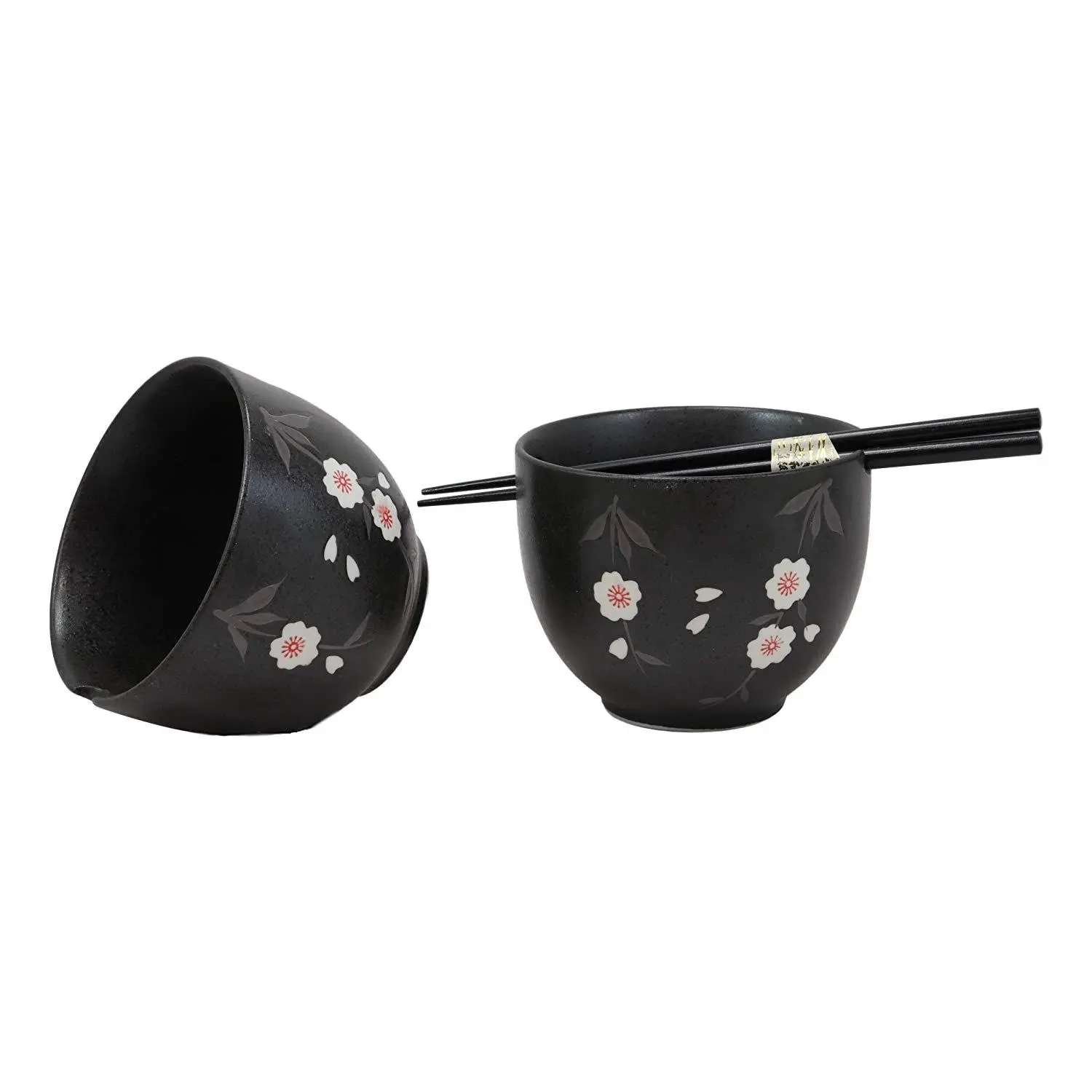 Ebros Ceramic Japanese White Anemone Flowers Black Ramen Udong Noodles Bowl and Chopsticks Set of 2 for Asian Dining Soup Rice Pasta Salad Collection of Bowls Decor Home Kitchen