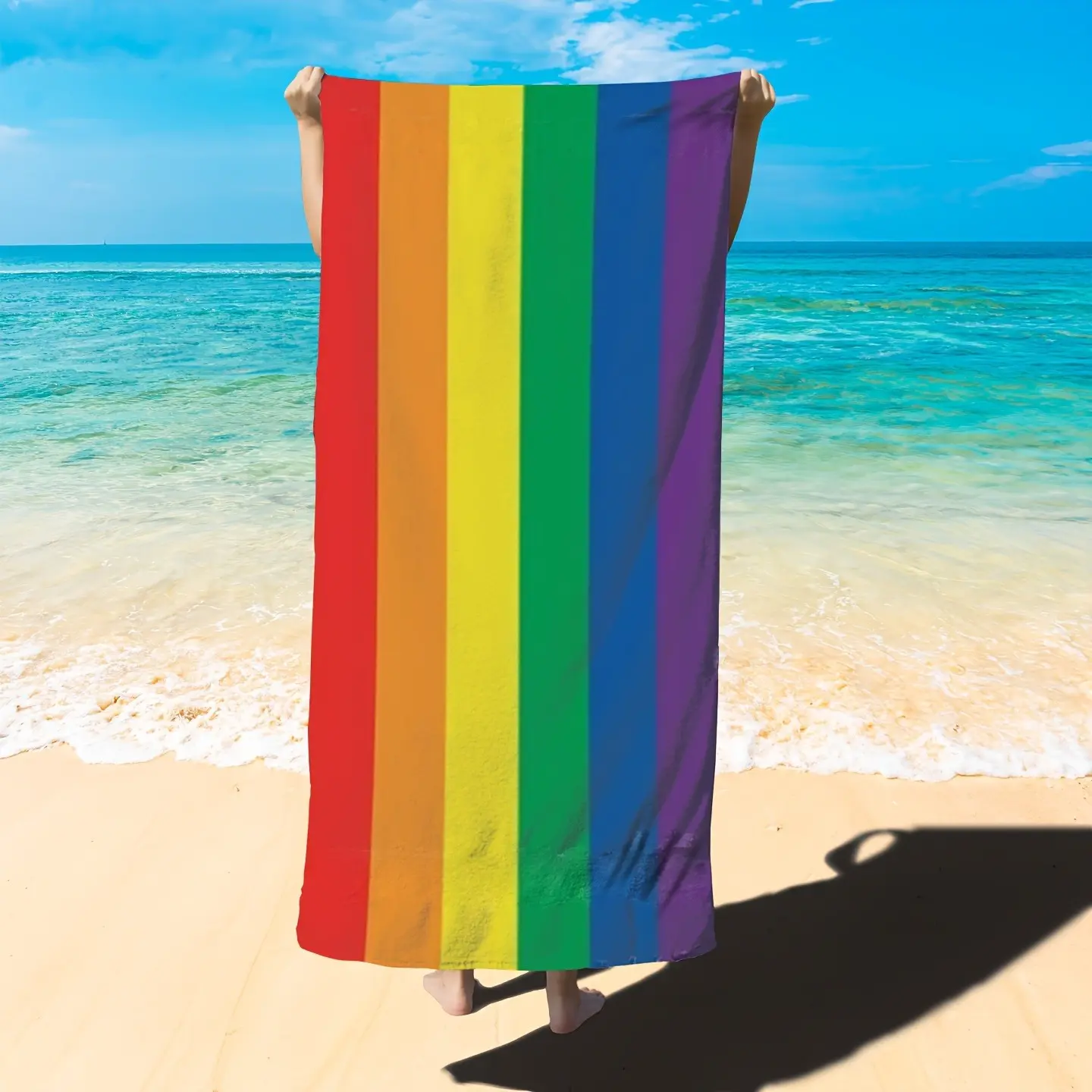 Modern beach towel, super absorbent microfiber, machine washable, rectangular towel with space theme, rainbow/LGBTQ+ flag design