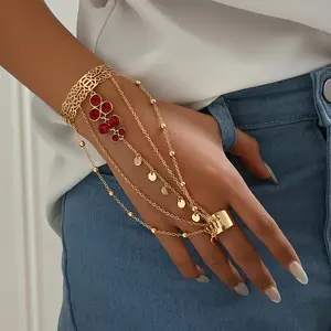 Elegant Red Rhinestone Tassel Hand Chain Bracelet with Filigree Hollow Cuff, Simple Alloy Chain Link Finger Ring Slave Bracelet for Women, Perfect for Party Banquet - One Piece