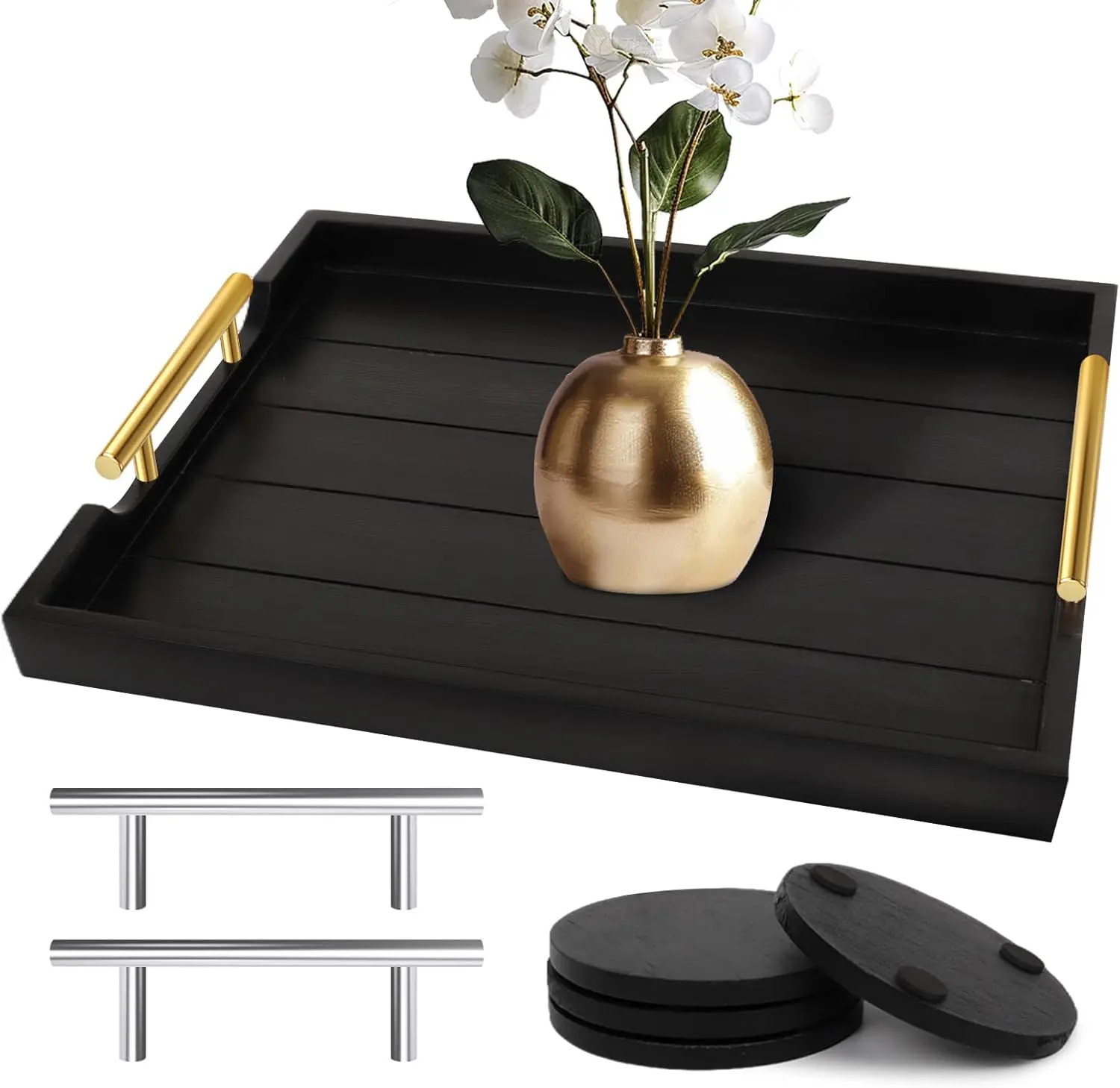 Coffee Table Trays - Large Ottoman Tray for Living Room -Wood Serving Tray with 2 Sets of Handles - Wooden Tray for Coffee Table, 4 Round Coasters Included, Black