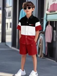 Summer Street Style Boys' Three-Color Patchwork Shirt Set, Colorblock Two-Piece, Casual Fitted Suit