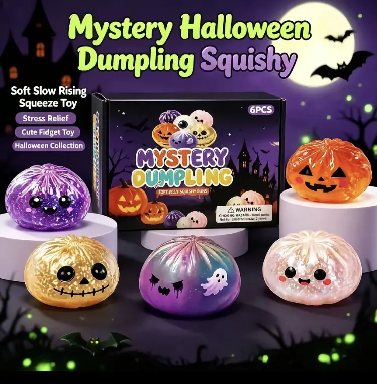 1Pc Random Halloween Dumpling Squishy Toy, Jelly Filled Slow Rebound Stress Relief Fidget Toy, Spooky Ghost Pumpkin Eyeball Sensory Squeeze Toy for Kids Adults Halloween Party Favor Gift