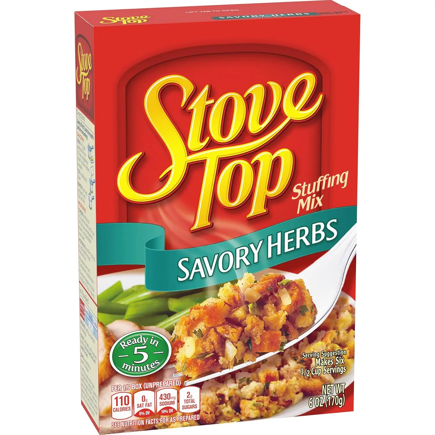 2 Packs Stove Top Savory Herbs Stuffing Mix, Instant Side Dish for Chicken Pork and Holiday Meals, Savory Seasoned Bread Stuffing, Ready in 5 Minutes, 6 Ounce Box (Pack of 2)