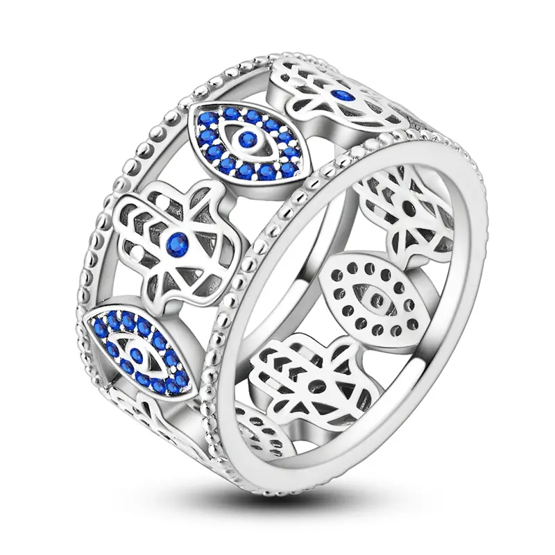 Wide Ring with Powerful Evil Eye & Hamsa Hand Plated Silver Cubic Zirconia Religious Style Trendy Jewelry for Women