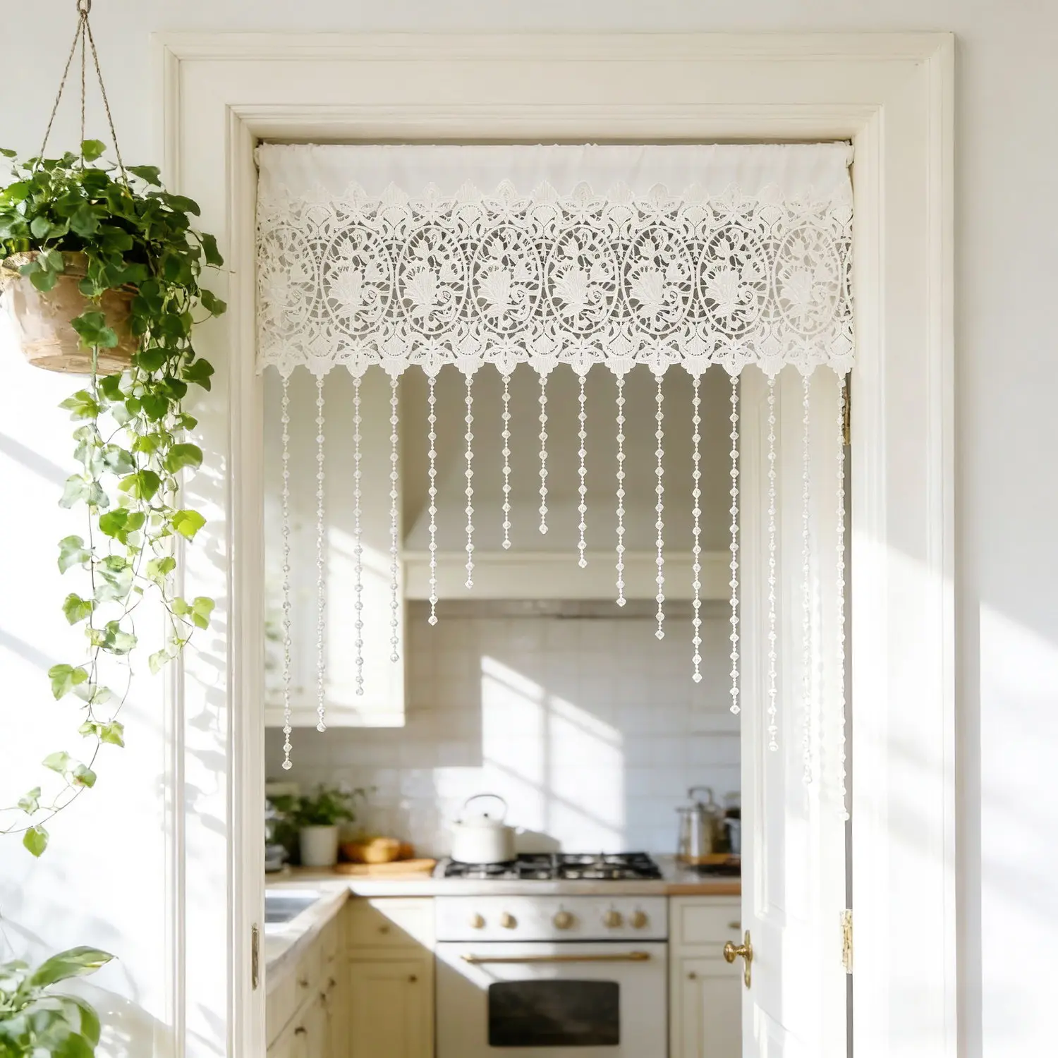 1PC French White Hollowed Floral Sheer Short Curtains Luxury Kitchen Swag Valance with Beads Victorian Curtain Topper for Arched Door Cafe Wedding Valentine's Decor Rod Pocket