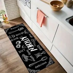 1 Piece Kitchen Floor Mat with Food and Tableware Patterns on a Black Background, Absorbent and Non-Slip, Washable, Suitable for Hallways, Bedsides, Farmhouse Style, Home Offices - Comfortable and Stylish Kitchen Rugs, Kitchen Runner Rug