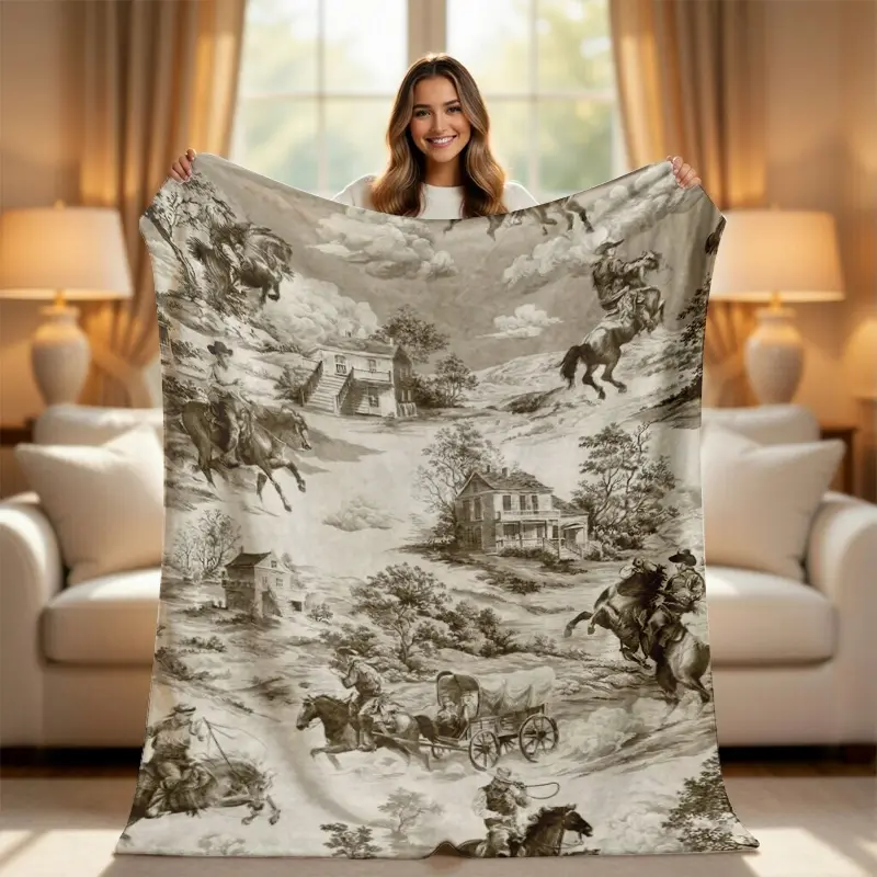 Vintage Western Cowboy Toile Flannel Blanket - Western Blankets, Decorative Cover with Retro Horse & Carriage, Rustic Coastal Aesthetic Throw for Home Decor, Soft Warm Quilt for Bed & Sofa, Decorative Cover Blankets