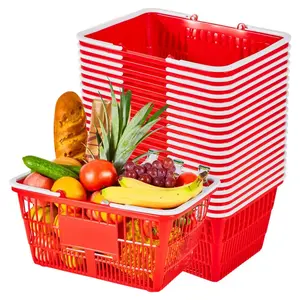 Shopping Baskets, 20 PCS, 21L Stackable PE Plastic Grocery Baskets with Handles, Dense Mesh Structure, Holds up to 20 lbs, Portable for Grocery, Retail, Stores, Supermarket, Home Use, Red