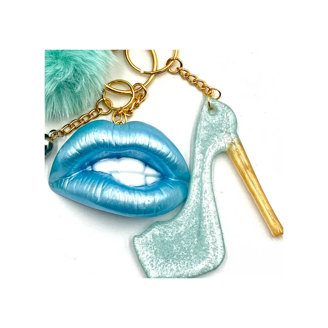 Resin Faux Fur Heart Lip & Heel Pom Pom Keychain - Daily/Everyday Fashion Accessory, Bag Charm, Heel Charm