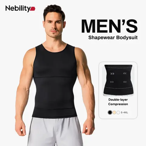 Nebility Men's Solid Round Neck Compressive Sleeveless Shapewear Tank Top, Belly Compression Undershirt, Plain Activewear for Menswear