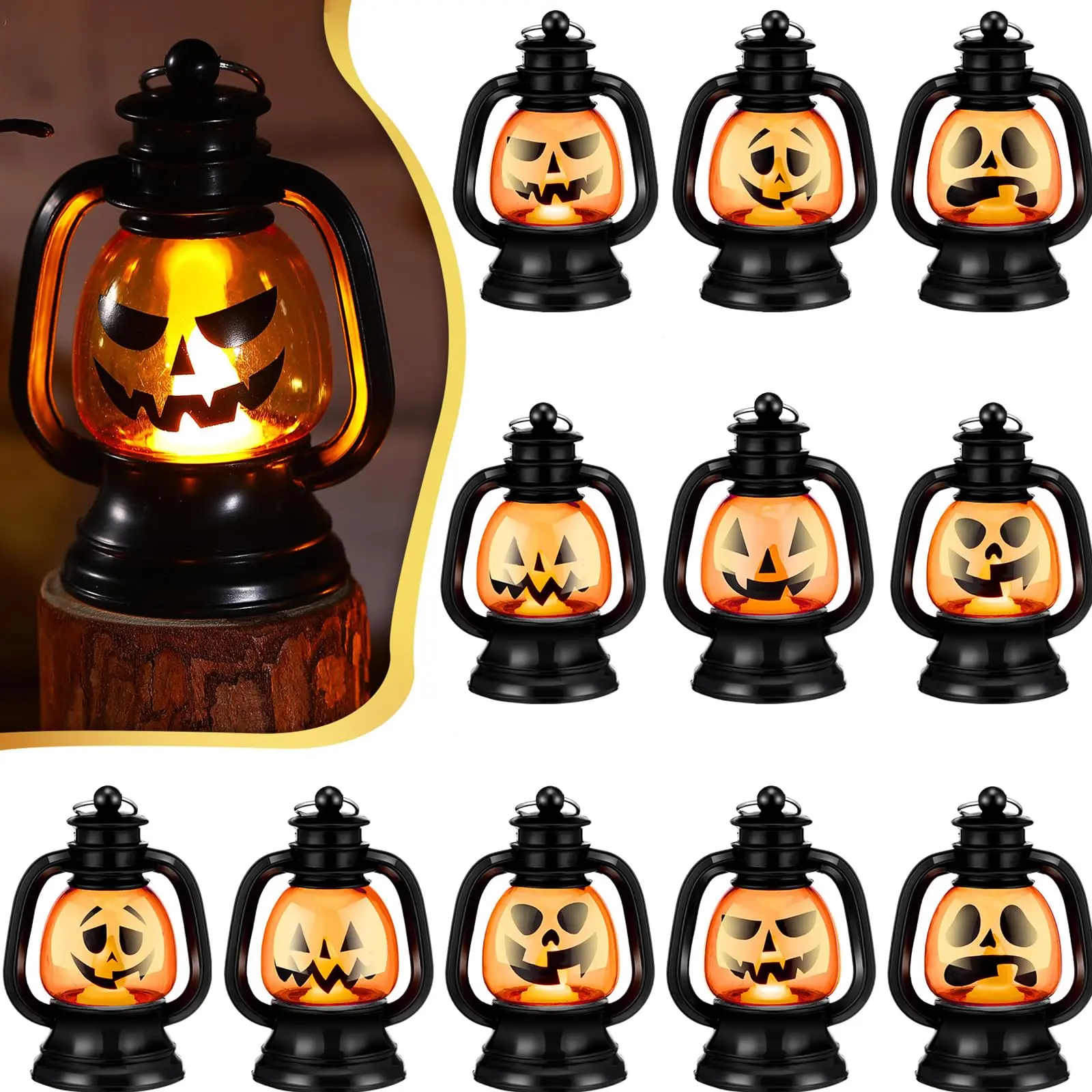 12/24 Pcs Halloween Mini Pumpkin Lantern 3.54" Jack O Lantern Halloween Lamp with Flickering LED Candle Horrible Expression for Indoor Outdoor Party Decor Table Centerpiece Sidewalk Trick or Treat Gifts Boo Baskets for Coworkers Boys Girls Students