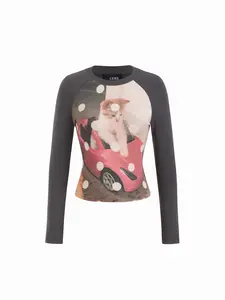 Cider Cotton-blend Round Neckline Kitty & Polka Dot Graphic Tee