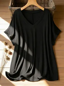 V Neck Loose Batwing Short Sleeve T-Shirt, Soft Drape Slimming Versatile Casual Daily Wear, Comfortable Relaxed Fit Tee