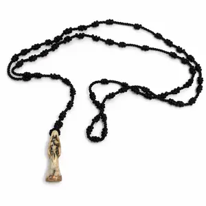 Bone / Black Color Santa Muerte Thread Rosary with Pendant, Unisex, 18 inches long