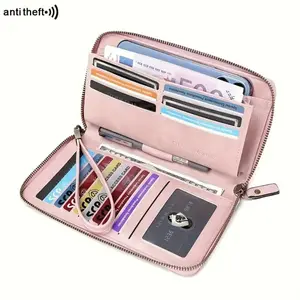 RFID Blocking Synthetic Leather Long Wallet for Women, Large Capacity Multi-Functional Zipper Wallet with Wrist Strap, Phone Slot Card Holder Passport Organizer, Stylish Minimalist Purse for Daily Travel Use