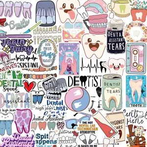 Dental Themed Sticker, 50pcs/set Cartoon Dental Sticker, DIY Decorative Sticker Packs for Luggage Skateboard Refrigerator Notebook