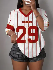 Y2K Retro Style Women's Jersey Top, Vertical Stripes, Loose Fit V Neck, Streetwear Fashion, Sporty, All Seasons Wear, Sportswear Top
