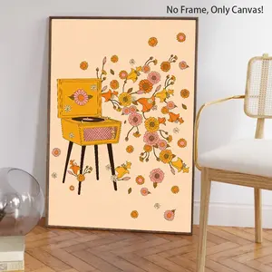 1Pc,Bohemian Turntables From The 1970S, Retro Record Players, Music Lovers Pattern Painting,Wall Art Decor Living Room Bedroom Office,Home Decoration,Perfect Gift, Vintage Wall Art