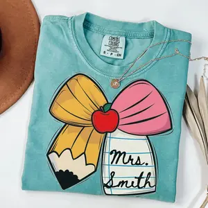 Personalized Teacher Name Shirt – Comfort Colors Pencil Bow Tee, Custom Back to School Gift & Team Shirt for Teachers with Stylish Classroom Vibes