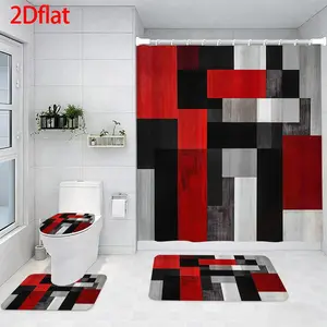 4-Piece Bathroom Sets Full Set Red Black Geometric Pattern Four-Piece Curtain Set Elegant Decor Shower Bath funny Accessories U-Shaped floor Seat Cover Cushion Toilet Lid Rug Carpet Non-Slip  Shape Mat Gifts Style toilet waterproof