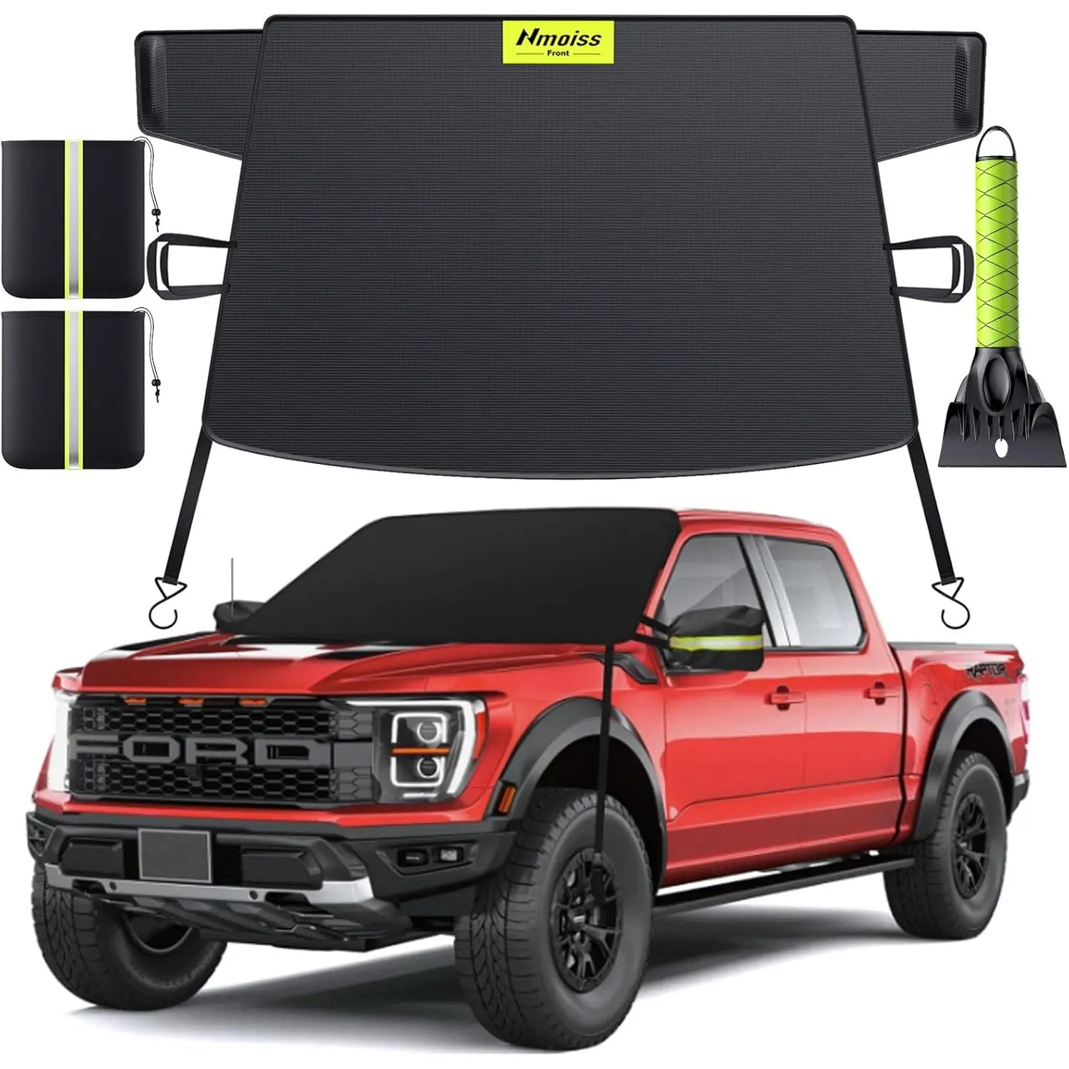 Large Full-Size Truck Windshield Frost Guard - 80*80in X-Large Heavy-Duty 600D Oxford Vinyl Fabric, 360° Windproof, Dual Mirror Straps, Waterproof, Winter Safety, Easy Storage, Ice Scraper Included, Complete Windshield Protection For Ford F-150, RAM 1500