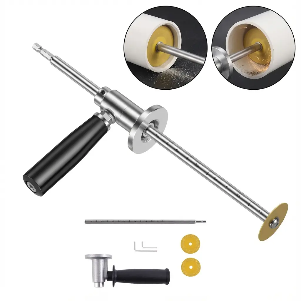 PVC Inside Circle Pipe Cutter Set (1 x Set) with 2 x 40mm Diamond Cutting Discs, Rotary Attachment, 1-1/2" to 8" Pipe Fit, 7 Inches Adjustable Depth, 1/4" Hex Shank for Drill & Impact Driver, Plumbing Use