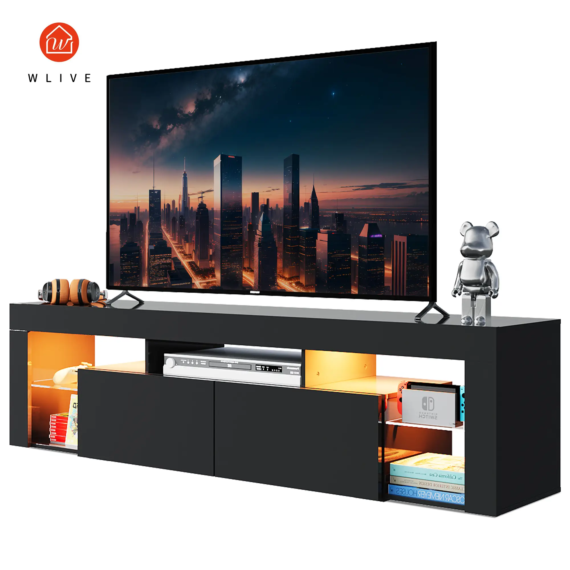 WLIVE 63" LED TV Stand | Modern Media Console / 20-Color Lights & 9 Storage Spaces, Fits 70" TVs (110lbs Capacity, Waterproof), Living Room Furniture