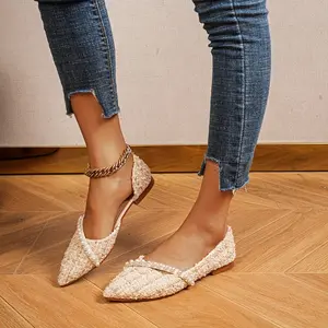 Women's Tweed Footwear, Pointed Toe Faux Pearl Decor Side Cut-Out Slip-On Ballet Flats, Blue Fashion Work Shoes