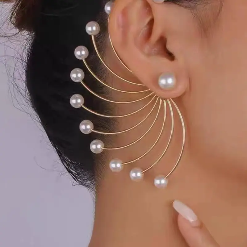 Women's Geometric Party Earrings, Faux Pearl Fan-Shaped Dangle Earrings, Elegant Jewelry for Women, Trendy Jewelry, Fashionable Earrings, Stylish Jewelry, Perfect Gift Idea, Versatile Accessory, Trendy Jewellery Accessories, Ear Studs