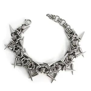 Spiked Subcultural Punk Heavy Industry Bracelet, Gothic Unisex Accessory with Sharp Spikes and Chain Design, Alternative Style Fashion Costume Jewelry for Men and Women