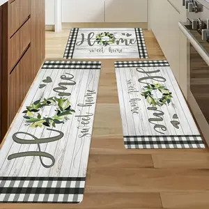 3PCS Buffalo Check Flannel Floor Mat Set - Wood Grain Black & White Non-Slip Kitchen Rug for Spring Summer Holiday Home Decor, Soft Durable Machine Washable Mats for Living Room Bedroom Office Doorstep kitchen carpet