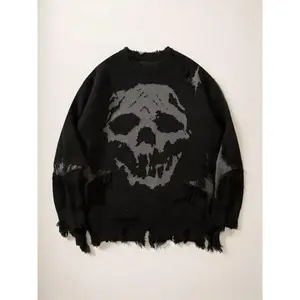 Men's Ripped Drop Shoulder Sweater, Loose Casual Streetwear Soft Comfy Long Sleeve Crewneck Graphic Pullover Knit Jumper, Fashion Fall Daily Wear Mens Knitwear