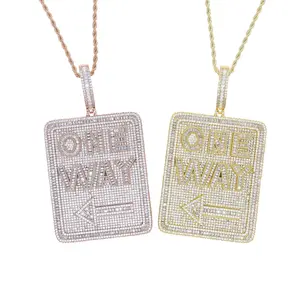 Large Iced Out Rectangular Pendant, Golden "One Way" Arrow Necklace, Bling Baguette Crystal Hip Hop Chain, Luxury Pave Zirconia Jewelry, Statement Accessory for Him