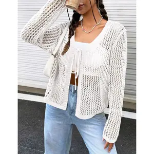 Women's Lightweight Crochet Cardigan Open Front Tie Shrug Knit Crop Top Summer Cardigan White M