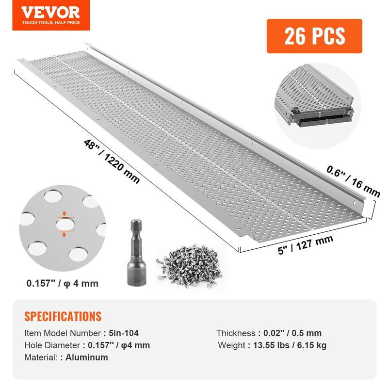 VEVOR Gutter Guard, 5 inch Width, Aluminum Leaf Filter DIY Gutter Cover, 26 PCS 104 ft Total Length, 0.157'' Hole Diameter & 0.02'' Thick Raptor Gutter Guards Fits Any Roof or Gutter Type