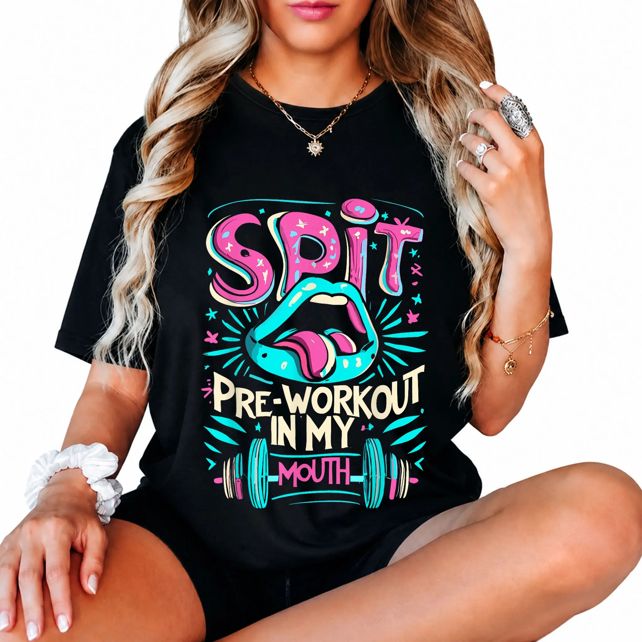 Loose-Fitting Short-Sleeve Streetwear T-Shirt, Gym Top with "Spit Preworkout In My Mouth" Design