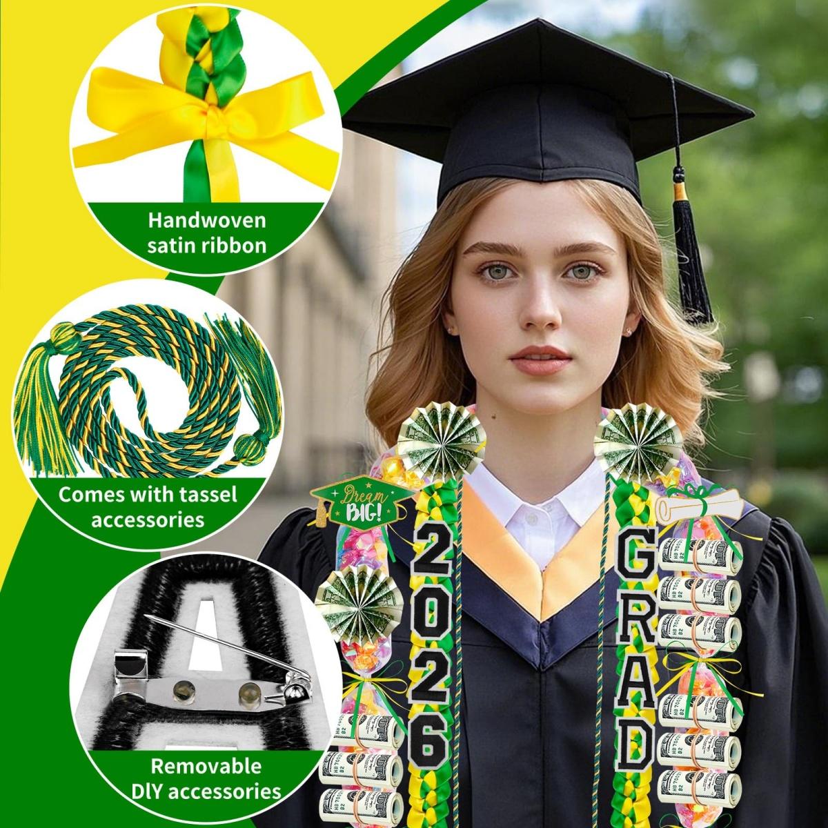 ONERIR 2026 Graduation Leis 18 Pcs - Vibrant Yellow Green Double Ribbon Youthful Class of 2026 Graduation Candy Lei Set Unisex Graduation Party Decorations Gift