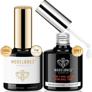 Gel Nail Glue and Top Coat 15ml 4 in 1 Nail Glue Base Coat Nail Glue Kit 2Pcs for Gel Nail Polish No Wipe Top Coat High Gloss, Rhinestone Glue False Nails, Blooming Nail Art Gel