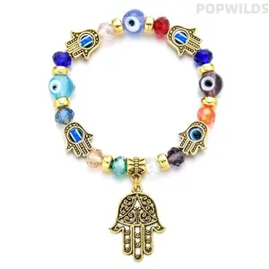 Evil Eye Beaded Bracelet with Hamsa Hand Charm, Turkish Blue Eye Stretch Bracelet, Lucky Protection Amulet Jewelry, Colorful & Blue Options, Boho Style Accessory for Women, Perfect Daily Wear & Gift